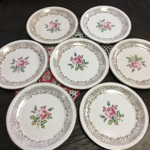 Seven Vintage Cornish Rose 22KT Gold Georgian Fine China Dessert Plates - Picture 4 of 16